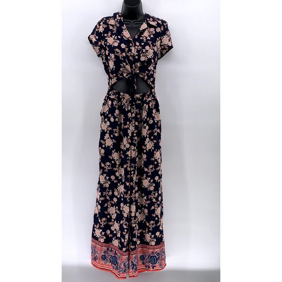 BEBOP Women's Navy-Pink Floral V-Neck Short Sleeve Cutout Maxi Summer Dress SZ M - Picture 1 of 12